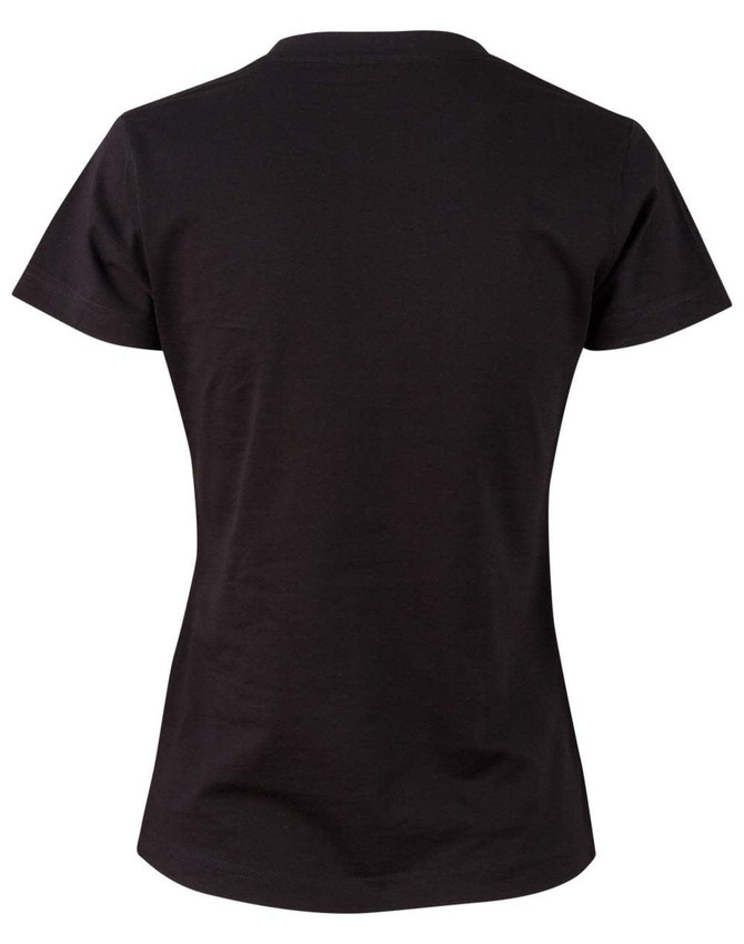 A black ladies' cotton semi-fitted tee with a classic crew neck and short sleeves. Includes branding on the back.