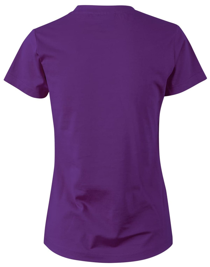 A purple ladies' cotton semi-fitted tee, featuring a simple design and short sleeves. It has a logo on the back.