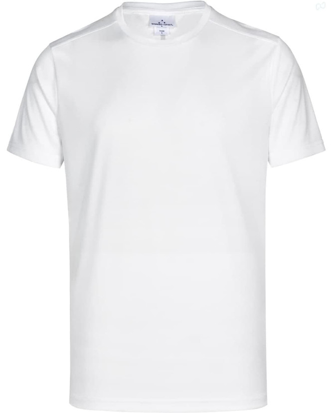 A white short-sleeve performance t-shirt with a logo on the chest. Ideal for athletic and casual wear.