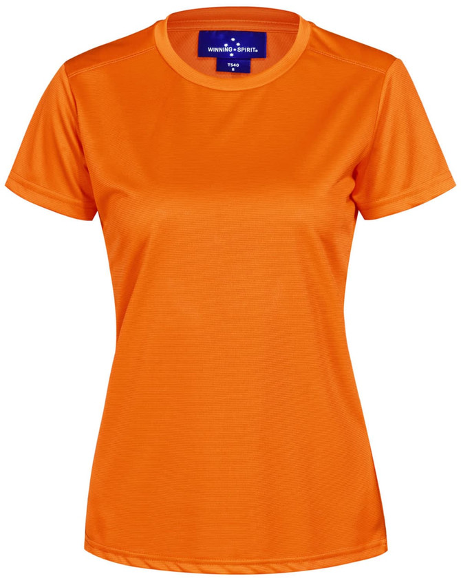 An orange ladies' short sleeve performance T-shirt with a logo at the neckline.