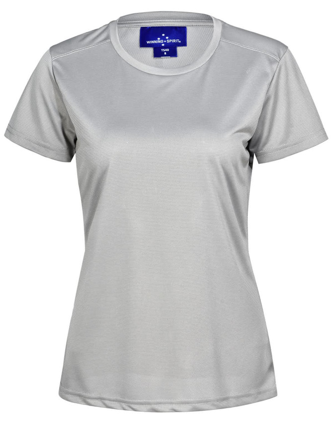 A light grey women's performance t-shirt with short sleeves and a fitted design. It features a logo on the neckline.