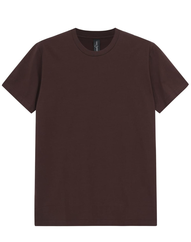 A maroon premium cotton t-shirt with a classic crew neck and short sleeves, featuring a logo.