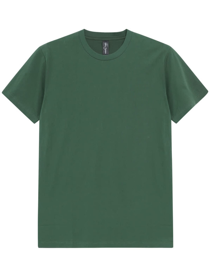 A green men's premium cotton tee with a simple crew neck design and short sleeves, featuring a logo.