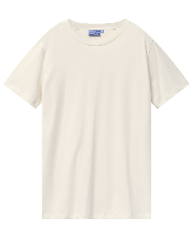 A plain white men's premium cotton tee with short sleeves and a round neckline. Features branding on the label.