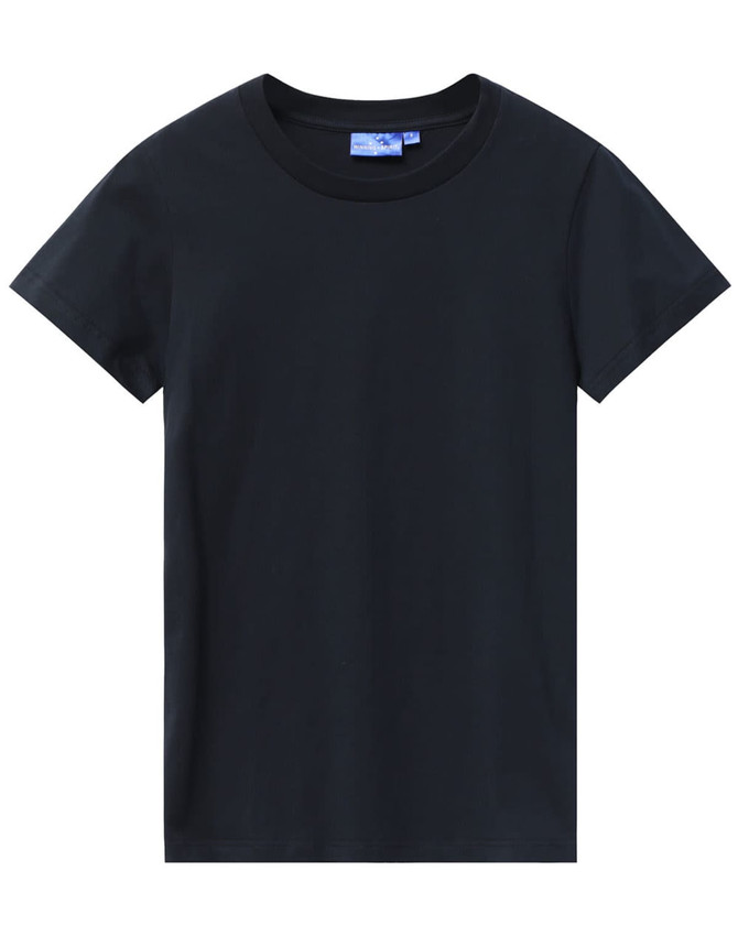 A dark navy t-shirt made from premium cotton with a round neck and short sleeves. Features a logo.