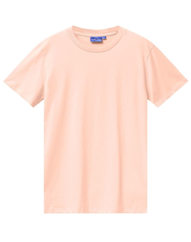 A plain peach-coloured men's premium cotton t-shirt featuring a round neckline and short sleeves, with a brand logo.