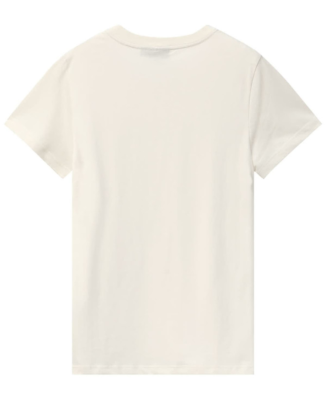 A plain cream women's T-shirt made of premium cotton, featuring a simple design and a logo.