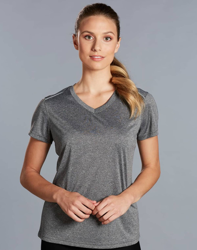 A grey short sleeve tee with a V-neck design, featuring a logo and a fitted silhouette for women.
