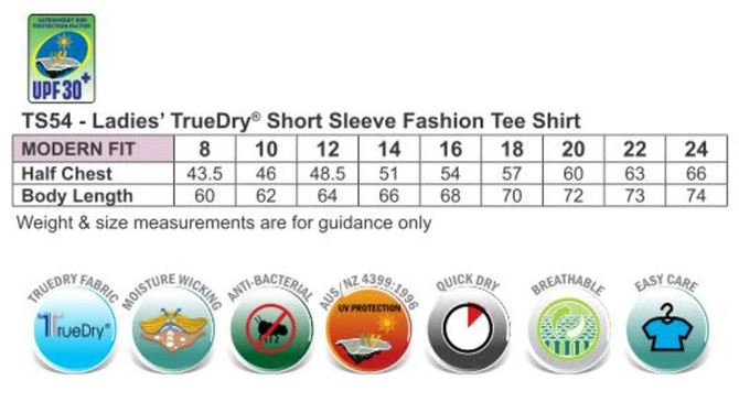 A chart displaying size measurements for the Ladies' Truedry Fashion Short Sleeve T-shirt, featuring various icons.