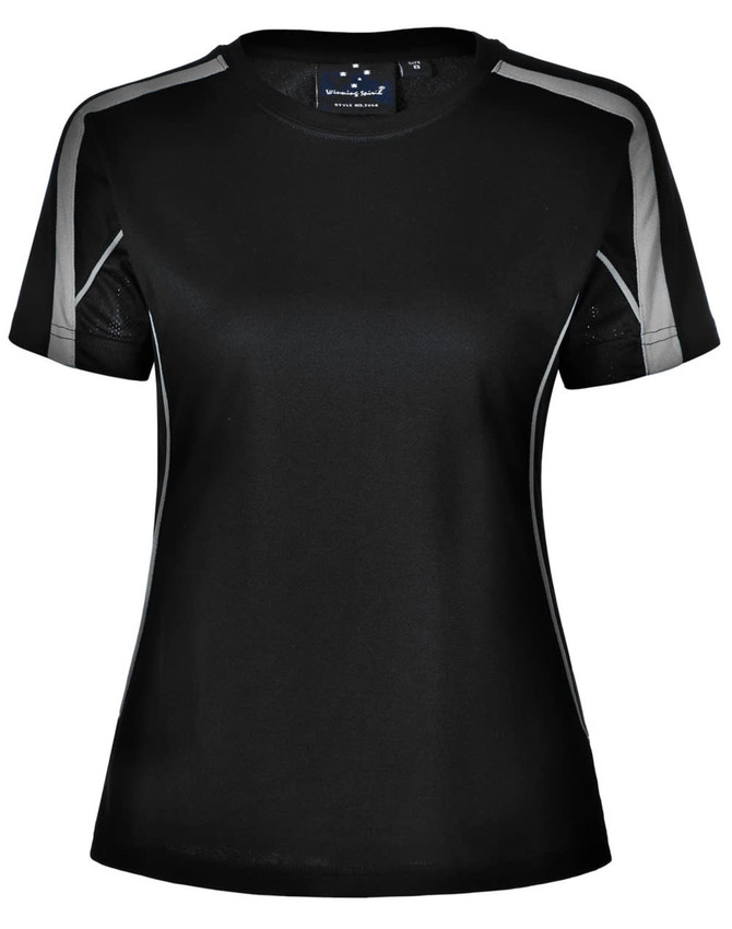 A black ladies' T-shirt featuring short sleeves and grey accents. The shirt includes a branded logo.