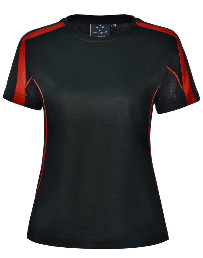 A ladies' short-sleeve T-shirt in black with red accents and mesh detailing, featuring a logo on the label.