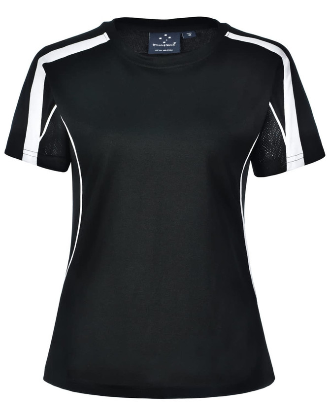 A ladies' short-sleeve T-shirt in black with white panel accents and a logo. Features a sporty design and mesh elements.