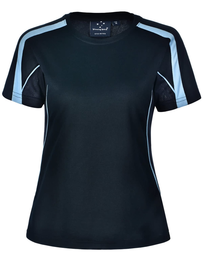 A black ladies' t-shirt with light blue accents and a logo. Short sleeves and a sporty design.