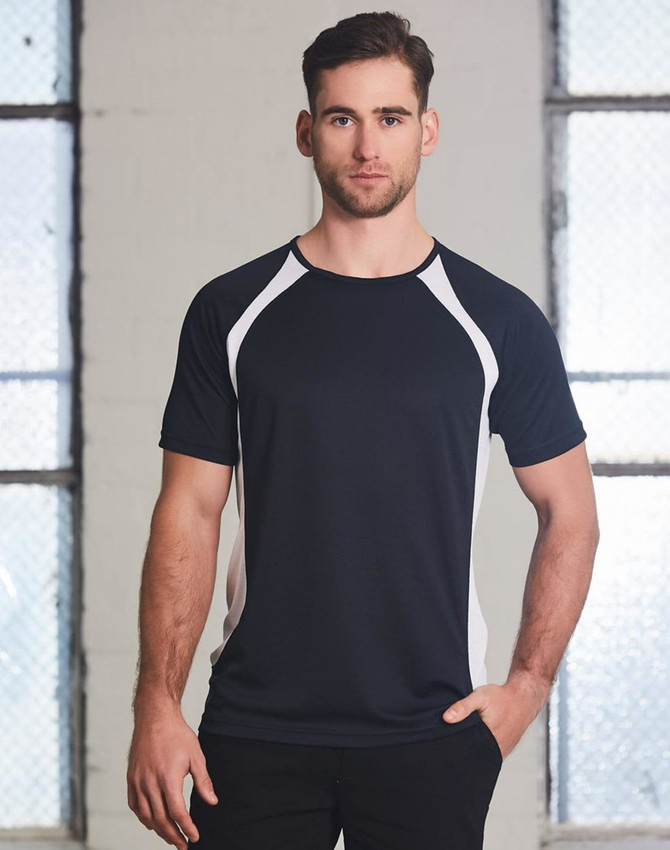 A black men's T-shirt with white side panels, featuring a logo on the front.