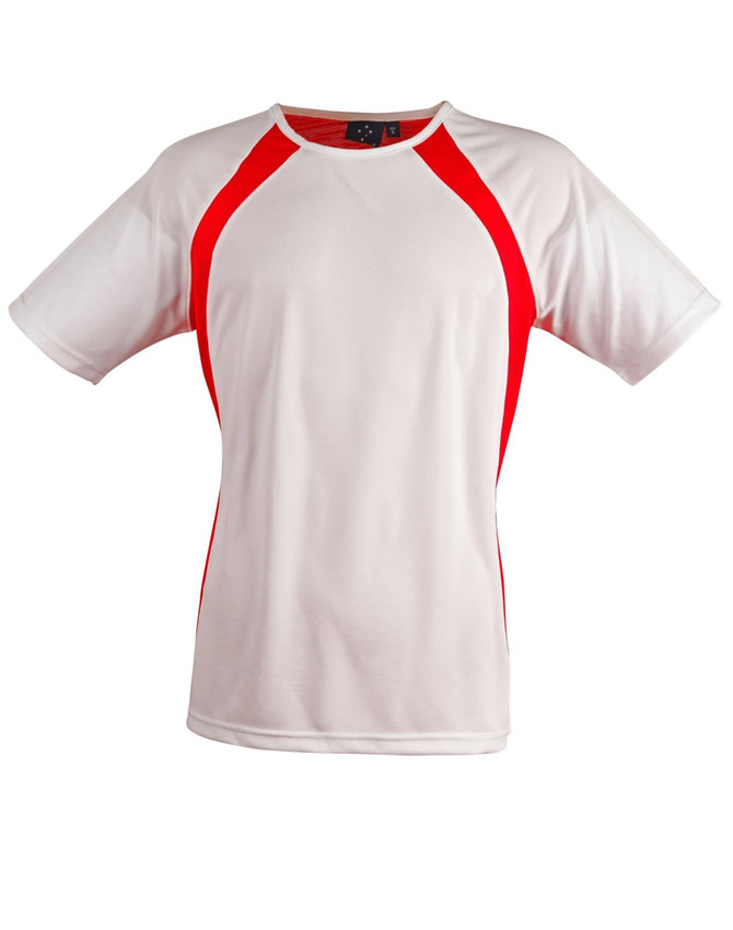 A white men's tee shirt with red side panels and short sleeves, featuring a logo on the neckline.