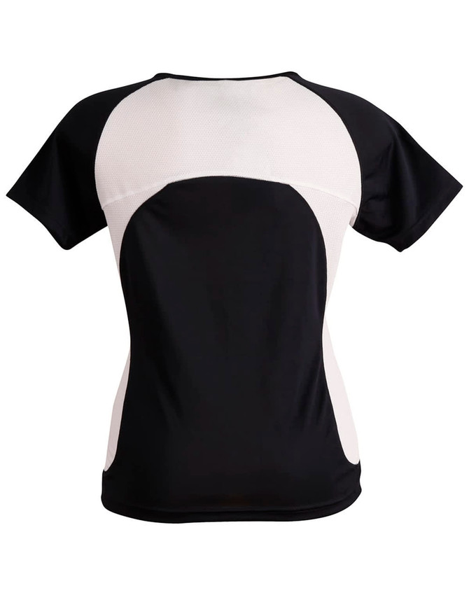 A ladies' T-shirt featuring a black body with white mesh panels, designed for comfort and style.