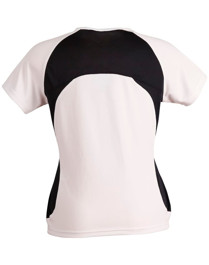 A ladies' tee shirt featuring a black and white design, with a fitted style and short sleeves. Includes a logo.