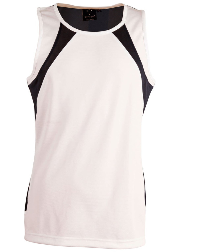 A men's sprint singlet featuring a white body with black side panels and a branded logo at the neckline.