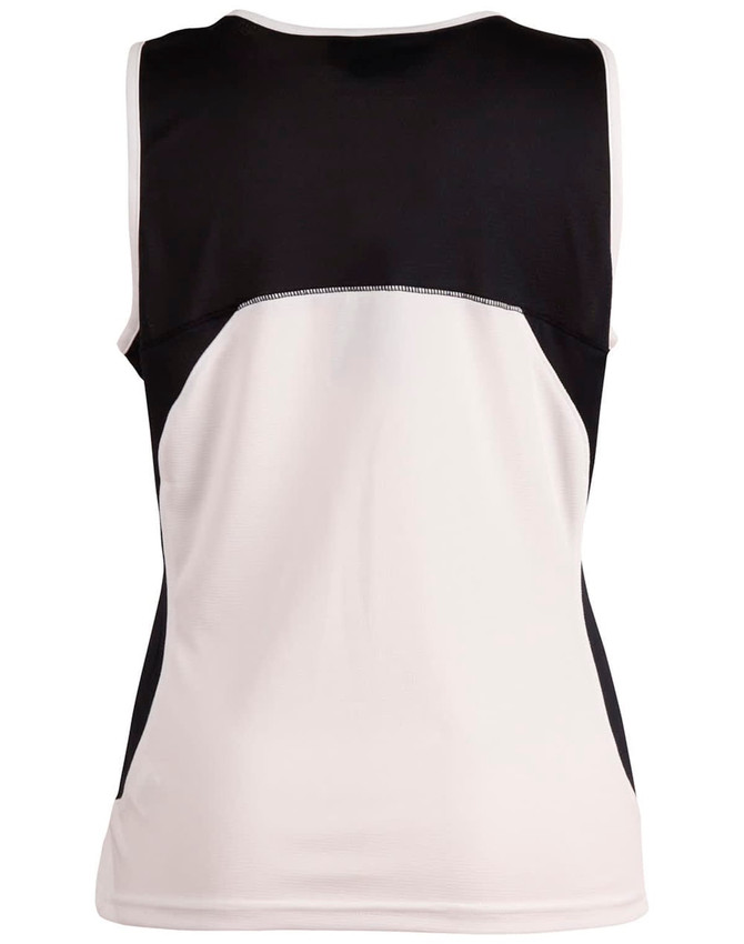 A women's singlet featuring a black and white design with a logo present on the garment.
