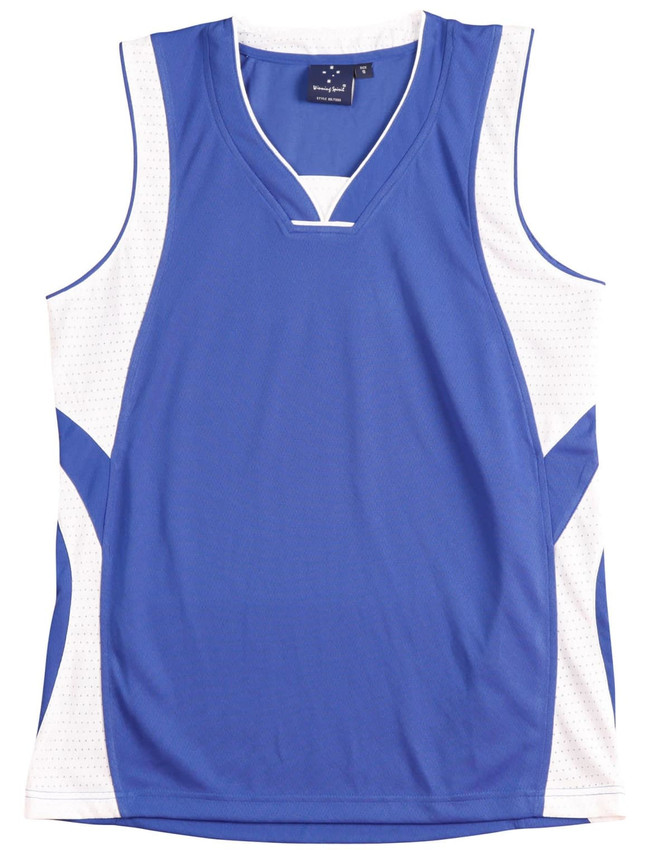 A blue and white adults' basketball singlet with a mesh design and logo.