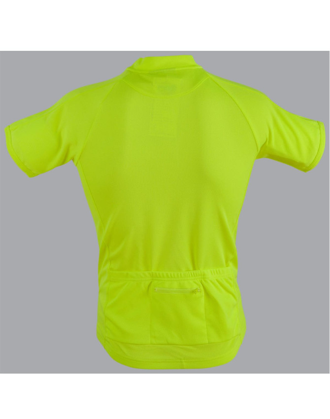 A unisex cycling top in bright yellow with a back pocket and a logo.