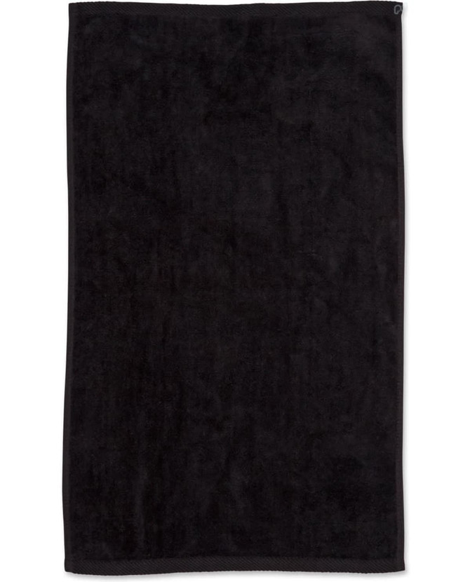 A black golf towel measuring 38 x 65 cm, featuring a brand logo. Soft and absorbent.