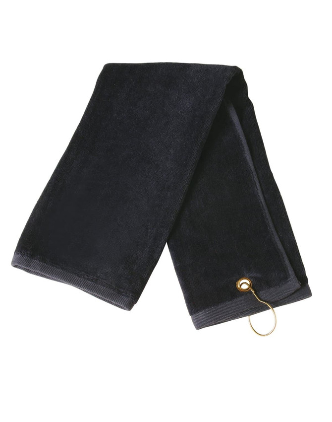 A black golf towel featuring an eyelet hook, measuring 38 x 65 cm, with a simple, plain design.