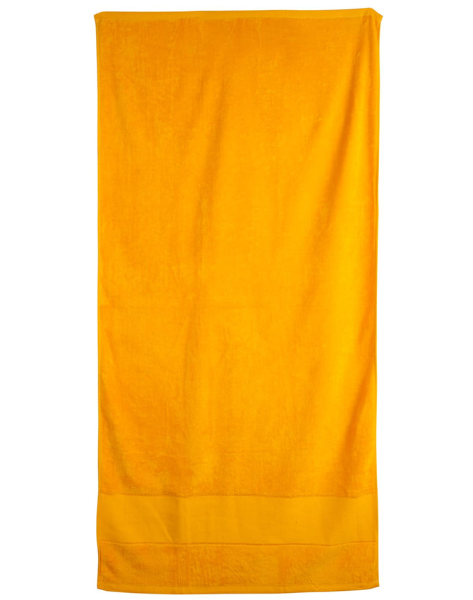 A bright yellow terry velour beach towel measuring 75x150 cm, featuring a textured surface and a solid design.