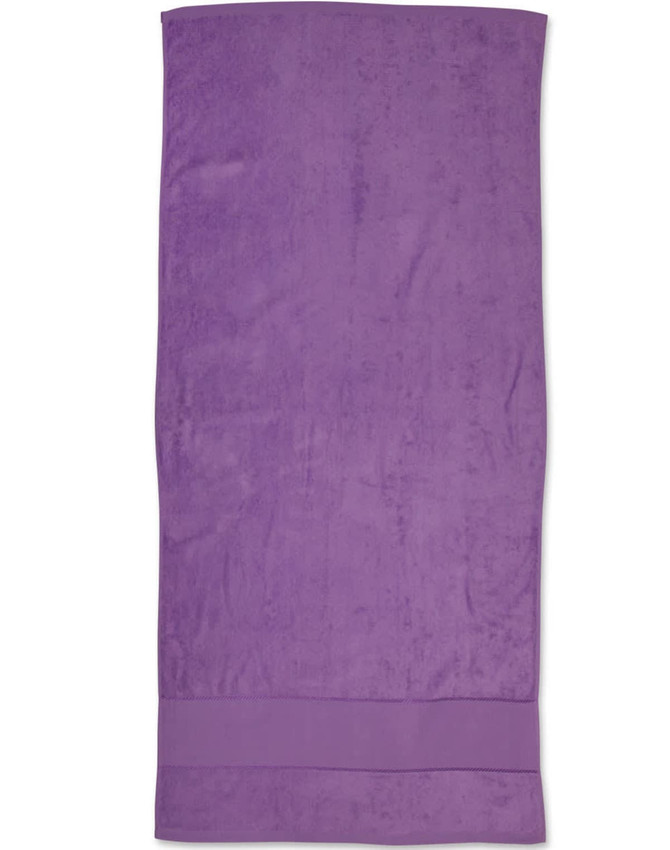 A purple terry velour beach towel measuring 75x150 cm, featuring a plain design with a logo.