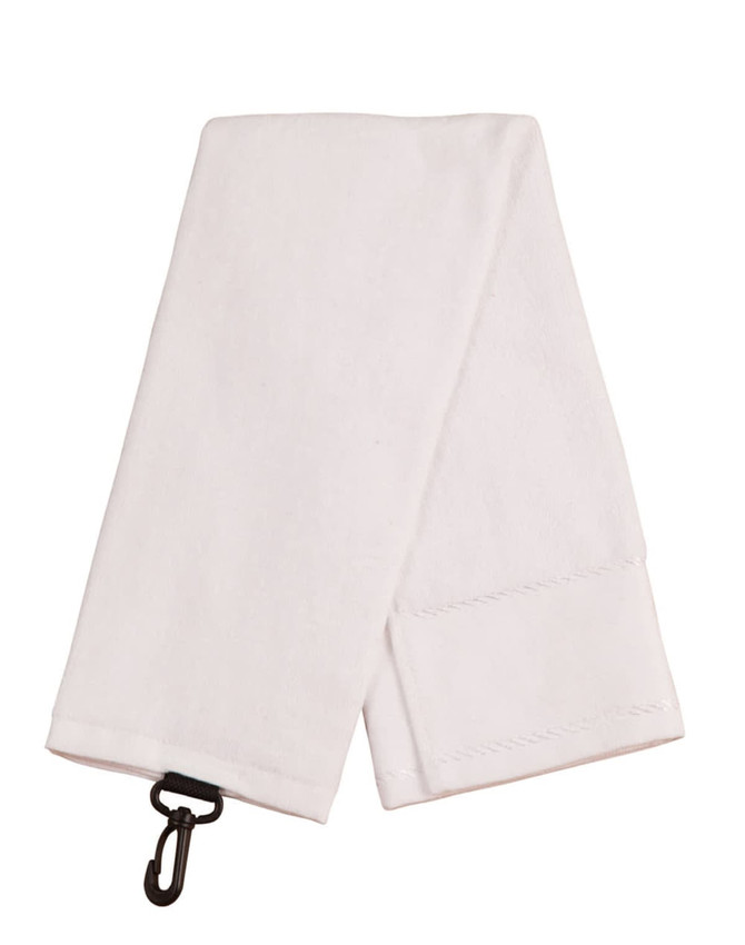 A white golf towel with a hook for attaching. It features a simple design and is made from absorbent material.