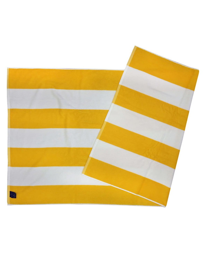 A striped beach towel featuring alternating yellow and white stripes, with a logo in one corner.