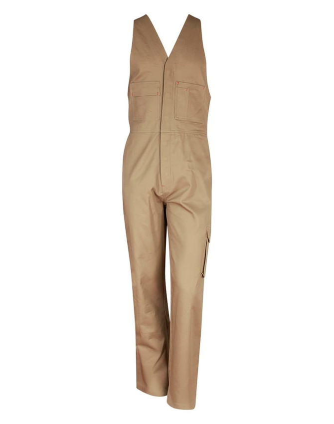 A beige cotton drill overall with a V-neck design and multiple pockets, featuring a logo on the chest.