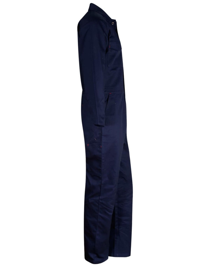 A navy men's cotton drill coverall with a fitted design, featuring pockets and a logo.