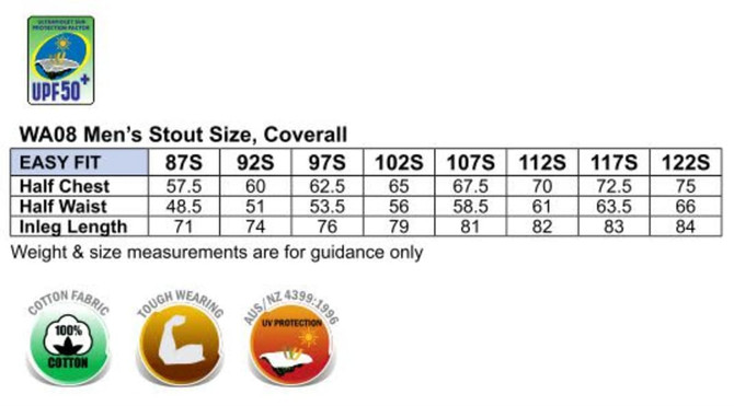 A size chart for the WA08 Men's Cotton Drill Coverall-Stout, detailing measurements for chest, waist, and length.