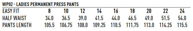 A chart displaying size measurements for Ladies Permanent Press Pants, including waist and length dimensions in centimetres.
