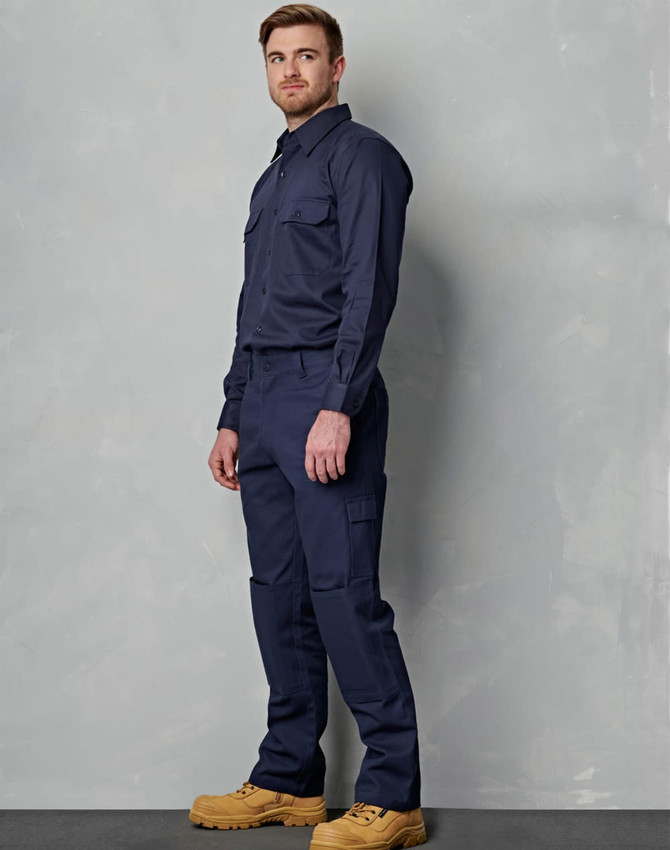 Men's navy cotton drill cargo pants with knee pads, featuring two front pockets and a logo on the waistband.