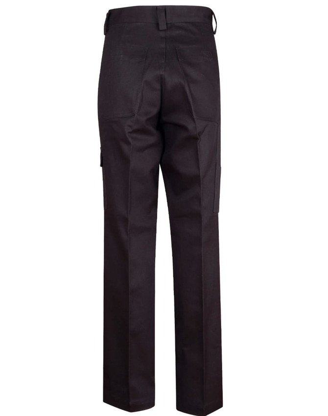 Black men's cotton drill cargo pants with knee pads, featuring pockets and a logo. Back view shown.