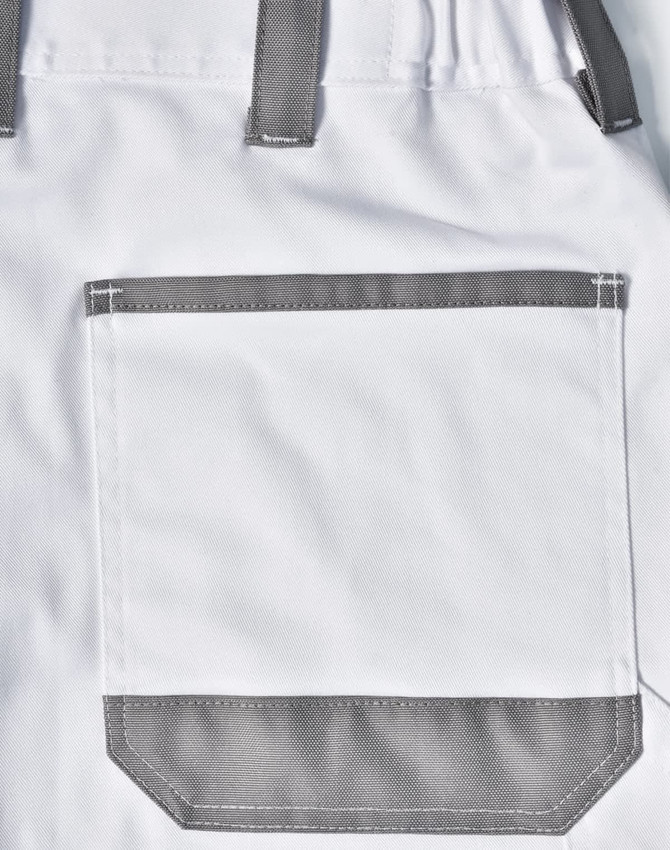 A pair of white unisex cargo work pants featuring grey accents and a large back pocket.