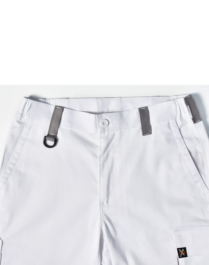 White unisex utility stretch cargo work pants featuring grey accents and a logo on the waistband.