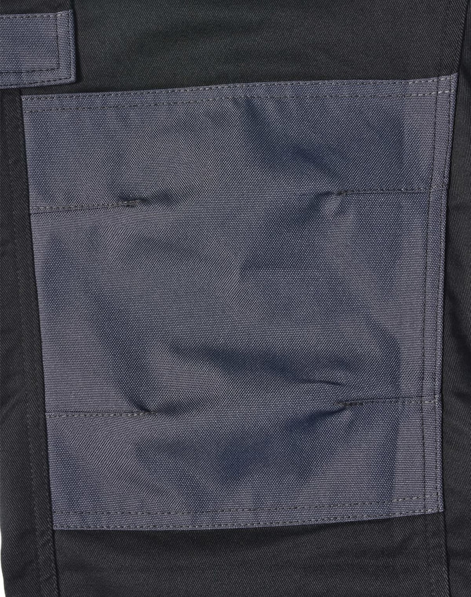 A pair of black cargo work pants featuring a grey utility pocket on the side and a logo on the waistband.