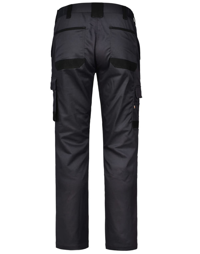 Unisex utility stretch cargo work pants in black, featuring multiple pockets and a logo on the back.