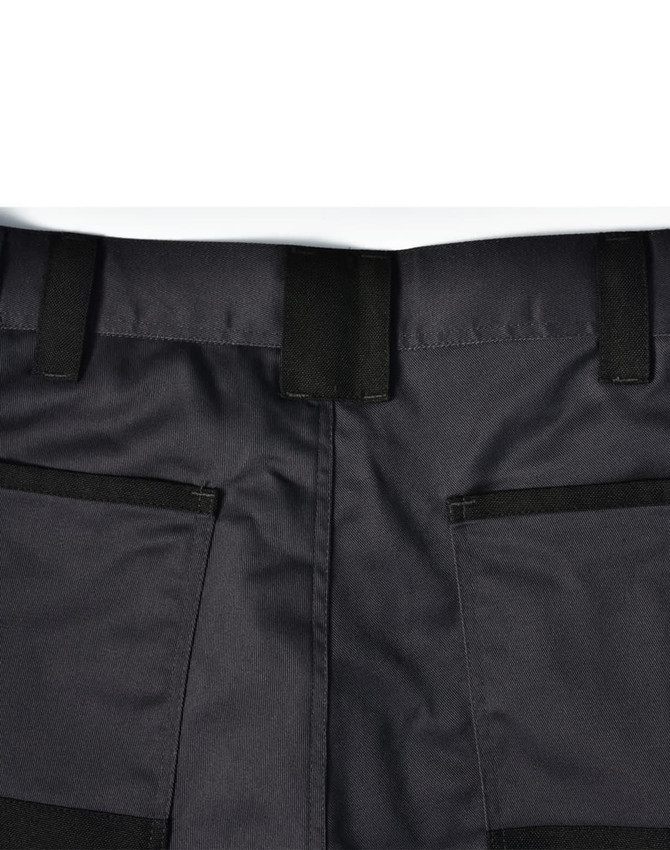 A pair of black unisex cargo work pants featuring multiple pockets and a sturdy waistband.