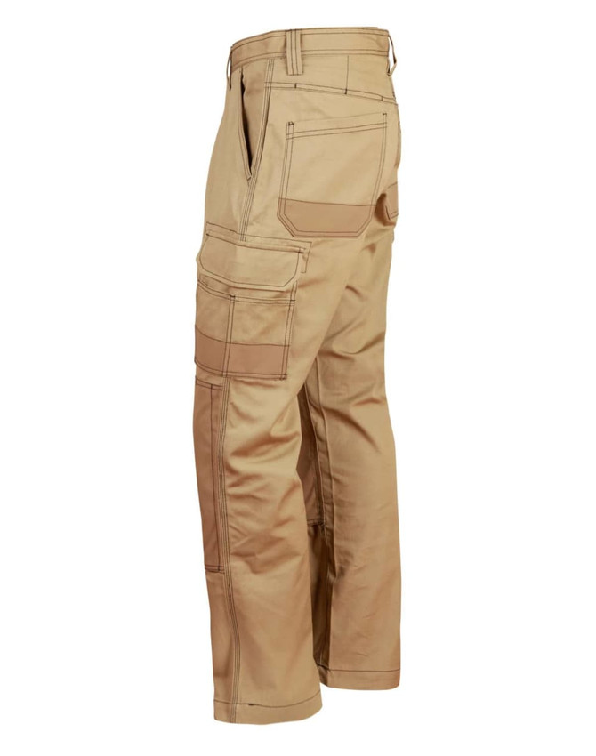 Lightweight semi-fitted khaki work pants featuring multiple pockets and a branding logo.