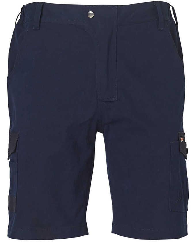 Navy blue work shorts featuring a front fastening, pockets, and a logo.