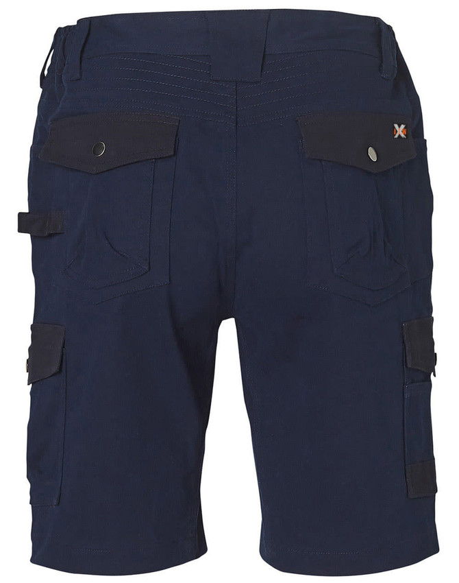 A pair of navy work shorts featuring multiple pockets and a logo on the waistband.