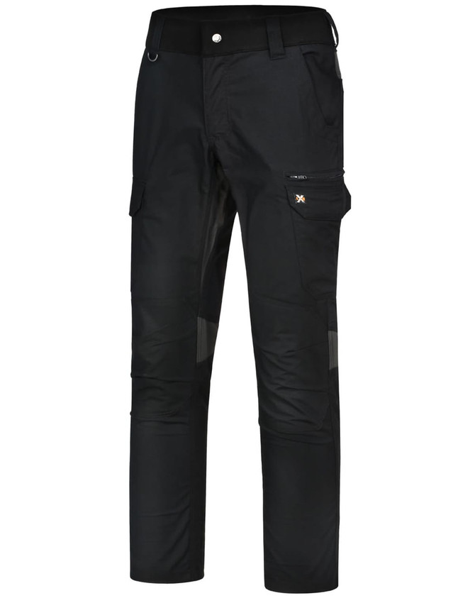Black Rip-Stop poly/cotton stretch work pants with multiple pockets and a logo. Suitable for workwear.