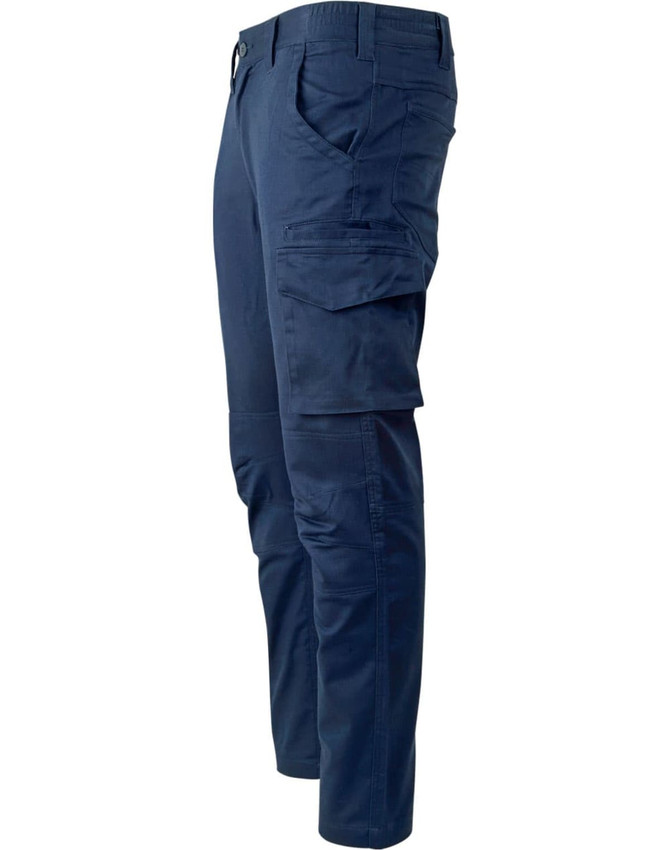 Unisex cotton stretch ripstop work pants in navy blue with multiple pockets and a fitted design.