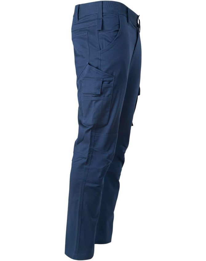 Unisex cotton stretch ripstop work pants in navy blue, featuring multiple pockets and a fitted design.