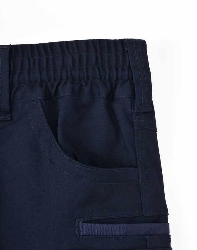 Navy unisex cotton stretch drill work shorts featuring an elastic waistband and side pockets, with a logo.