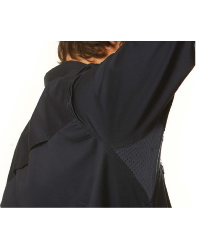 A dark navy long sleeve cotton work shirt featuring mesh detailing on the shoulders, with a logo present.